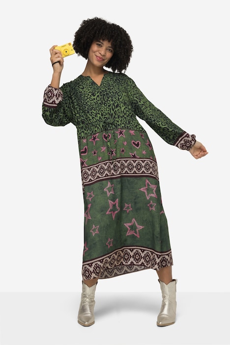 Patterned Long-Sleeve V-Neck Midi Dress