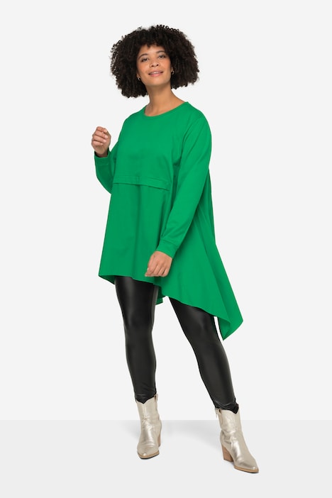 A-Line Material Mix Crew Neck Sweatshirt with Long Sleeves and Pointed Hem