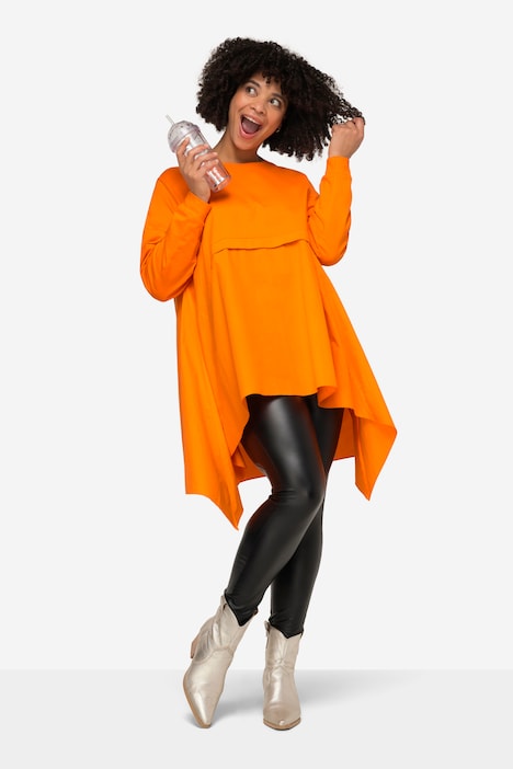 A-Line Material Mix Crew Neck Sweatshirt with Long Sleeves and Pointed Hem