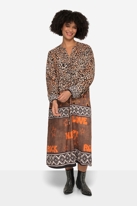 Patterned Long-Sleeve V-Neck Midi Dress