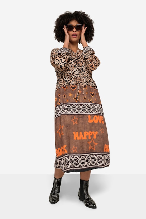 Patterned Long-Sleeve V-Neck Midi Dress