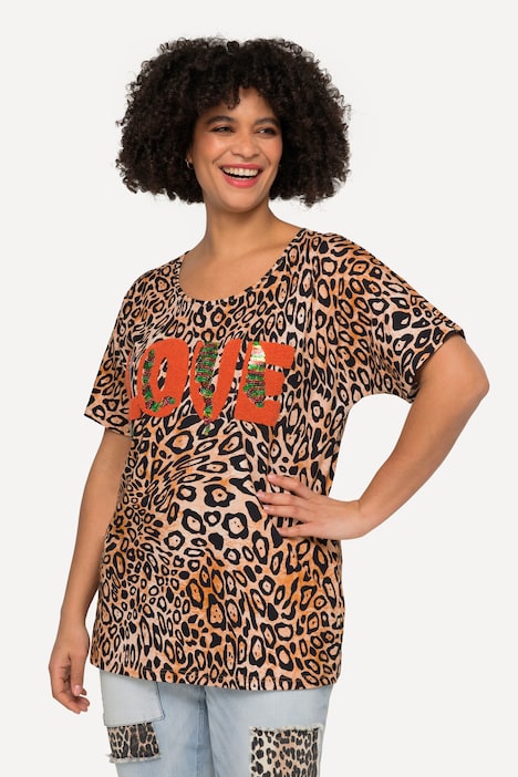 T-Shirt, oversized, Leo-Druck, Pailletten LOVE, Halbarm