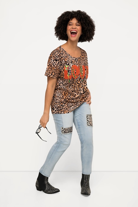 T-Shirt, oversized, Leo-Druck, Pailletten LOVE, Halbarm