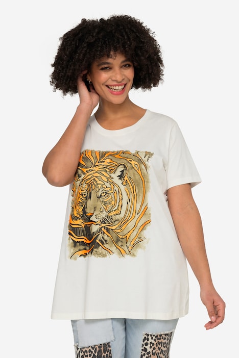 T-shirt, oversized, leeuwenmotief, ronde hals, korte mouwen