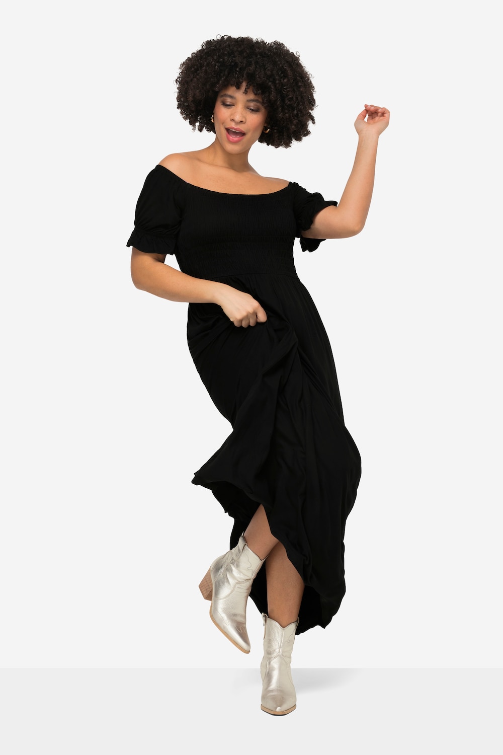 Jersey midi-jurk, carréhals, gerimpelde buste, korte mouwen