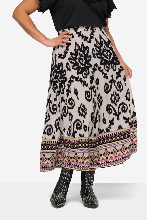 A-Line All-Over Print Skirt with Hem Border and Elastic Waist