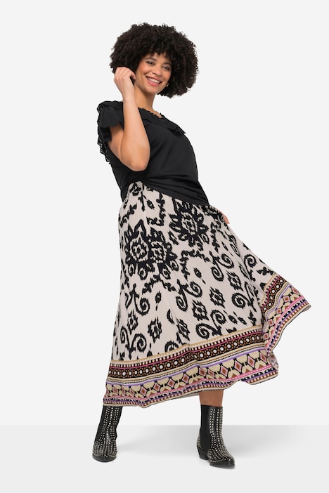 A-Line All-Over Print Skirt with Hem Border and Elastic Waist