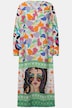 Vestido, longitud midi, estampado parcheado, escote de túnica, manga larga