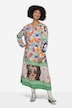 Vestido, longitud midi, estampado parcheado, escote de túnica, manga larga