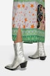 Vestido, longitud midi, estampado parcheado, escote de túnica, manga larga