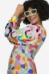 Vestido, longitud midi, estampado parcheado, escote de túnica, manga larga