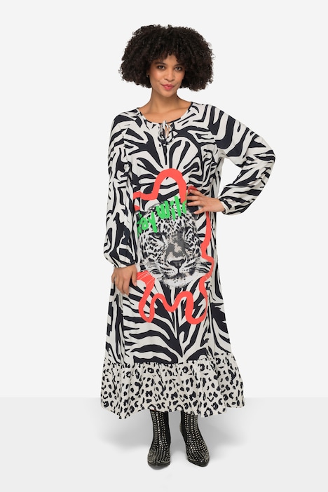Maxikleid, A-Line, Zebradruck, Animal-Motiv, Carmenausschnitt, Langarm