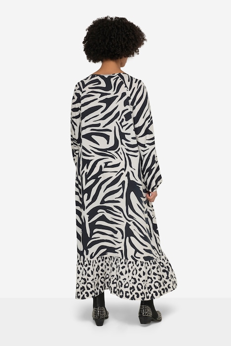 Long-Sleeve A-Line Zebra Print Animal Pattern Carmen Neckline Maxi Dress