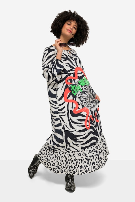 Maxikleid, A-Line, Zebradruck, Animal-Motiv, Carmenausschnitt, Langarm