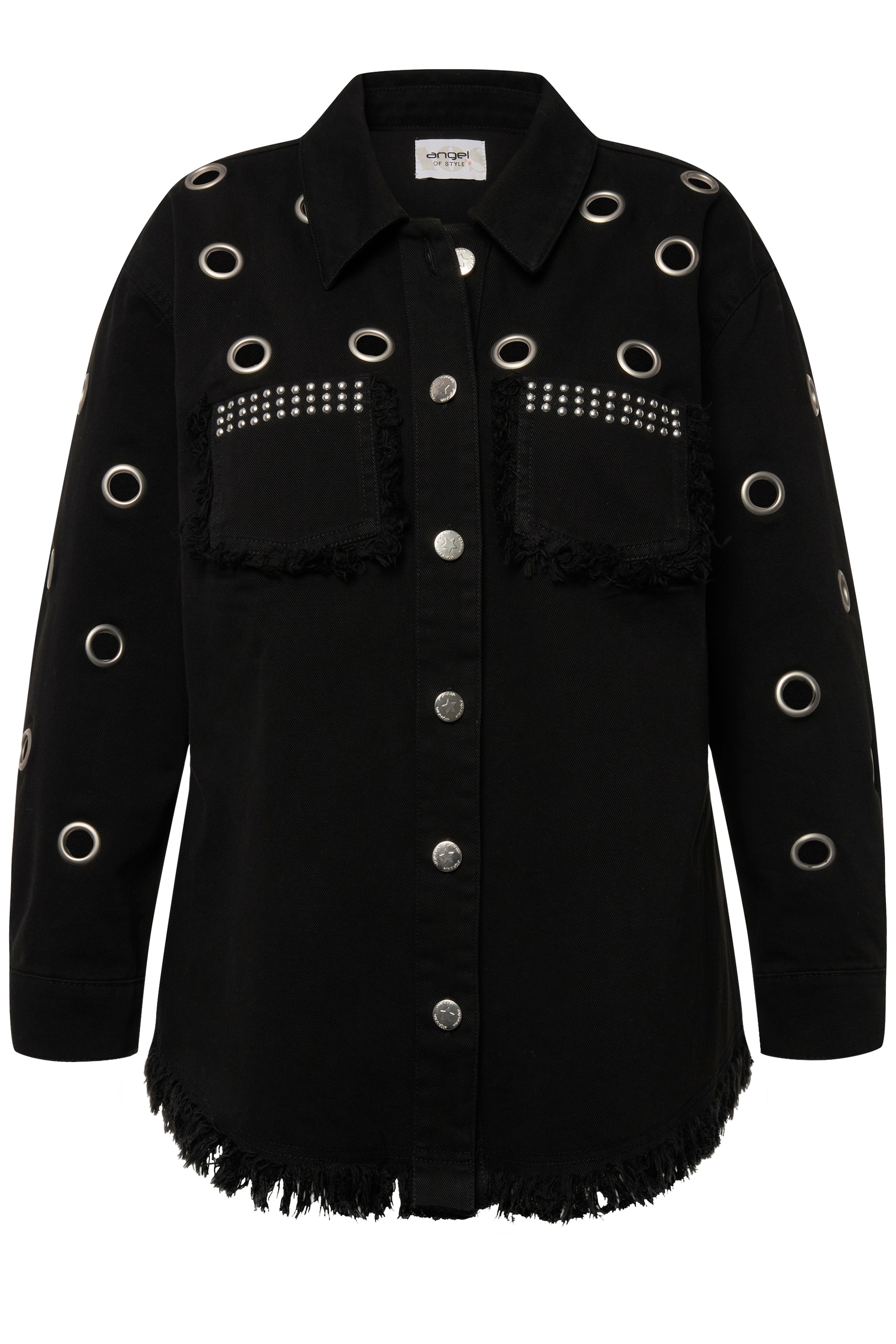 Angel of Style Damen große Größen Jeansjacke Ösen Fransensaum Hemdkragen
