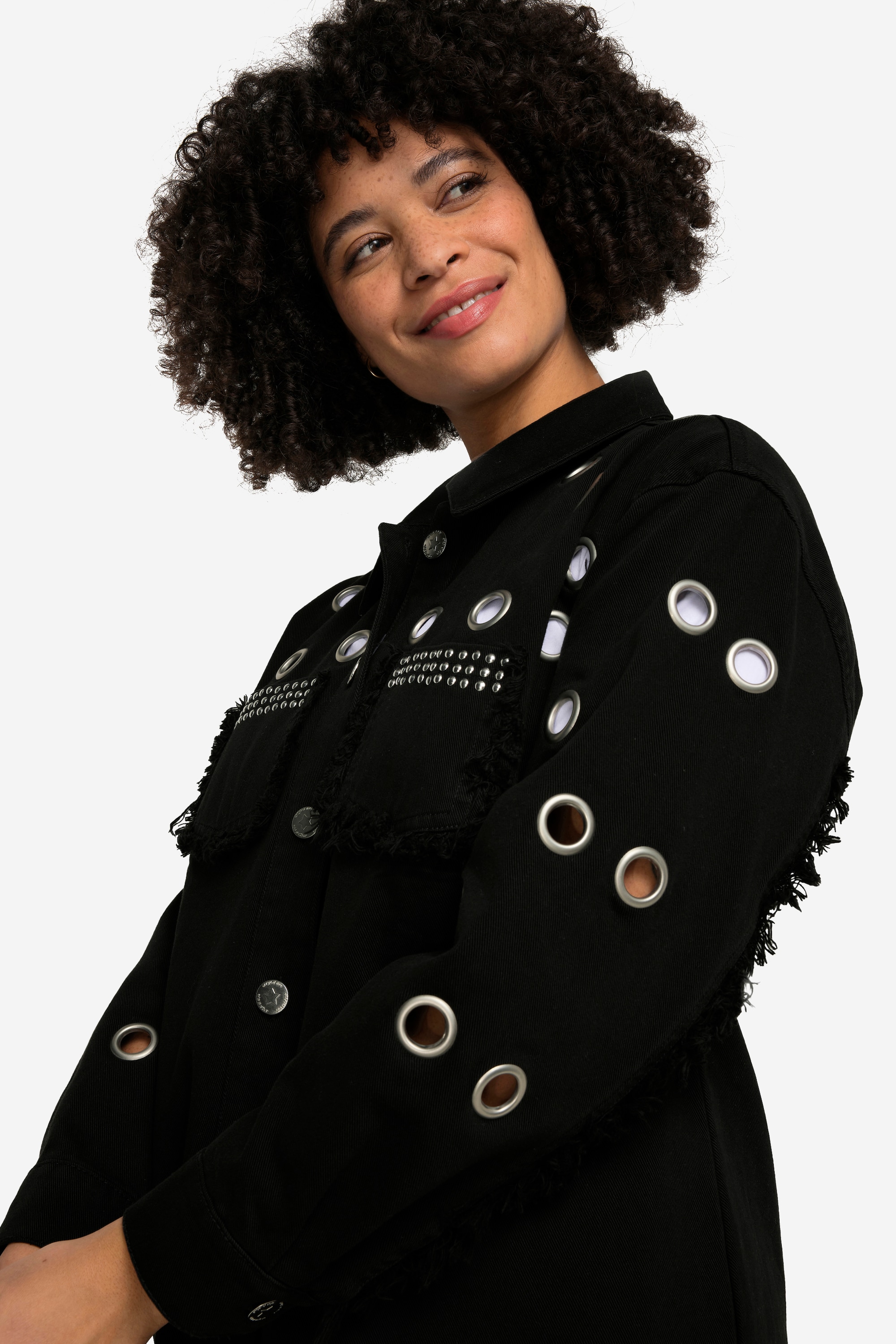 Angel of Style Damen große Größen Jeansjacke Ösen Fransensaum Hemdkragen