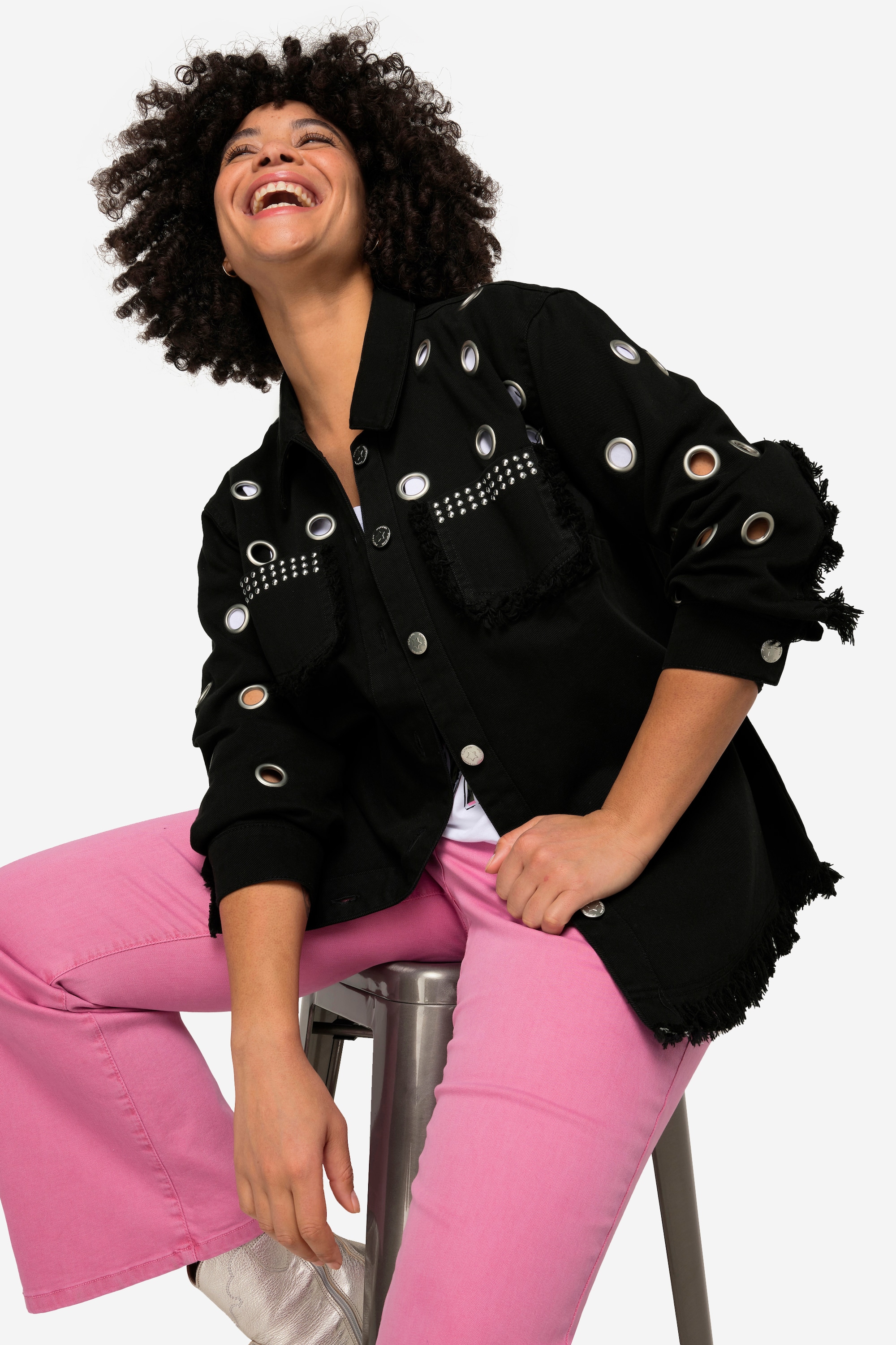 Angel of Style Damen große Größen Jeansjacke Ösen Fransensaum Hemdkragen