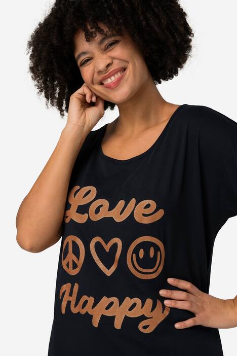 T-Shirt, lang und oversized, Schriftzug, Rundhals