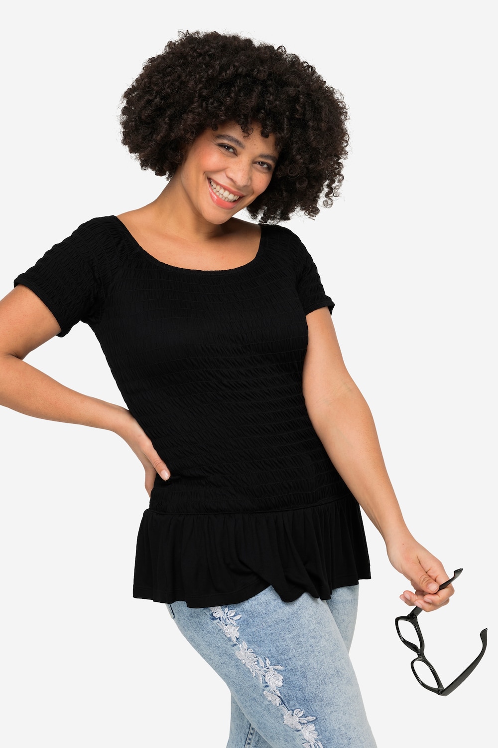 Top, slim fit, elastisch gerimpeld, korte mouwen, volant