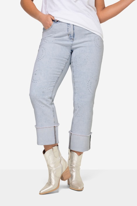 Jeans, smiley-patroon, siersteentjes, 5-pocket, verkorte lengte