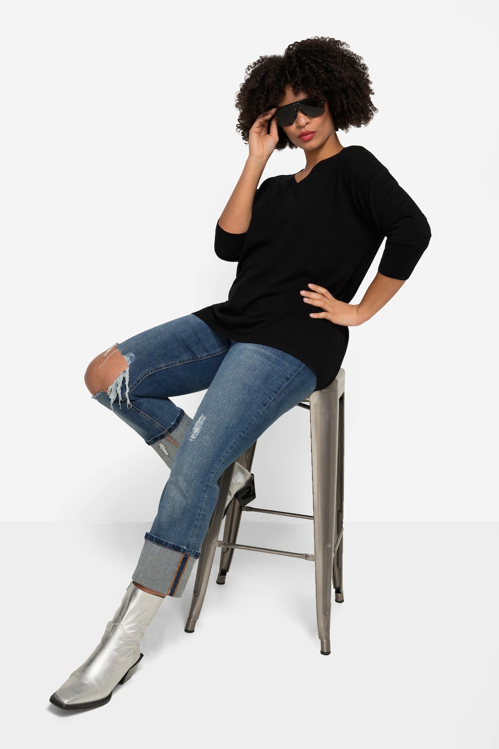 Pullover, oversized, doppelter V-Ausschnitt, Langarm