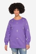 Crew Neck Sweatshirt with Decorative Rhinestones and Long Balloon Sleeves