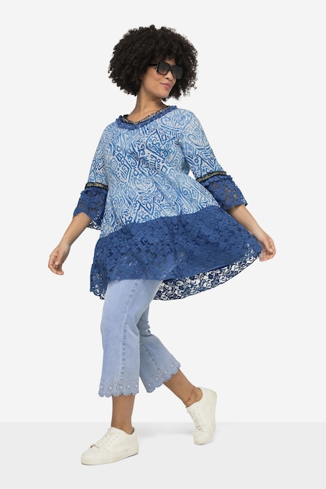 Tuniek, A-lijn, voile, all-over print, kanten volants