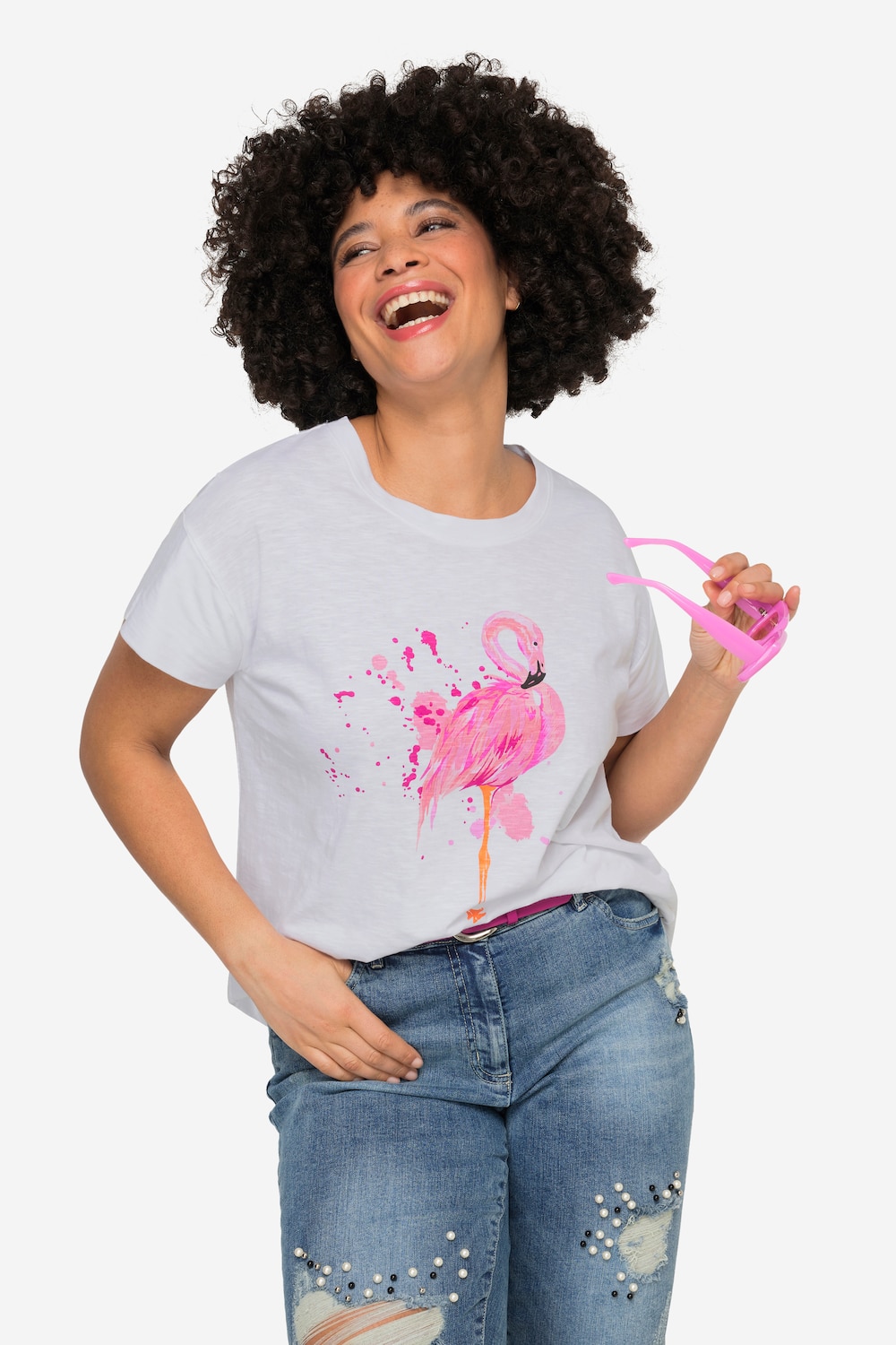 T-shirt, flamingo, ronde hals, korte mouwen