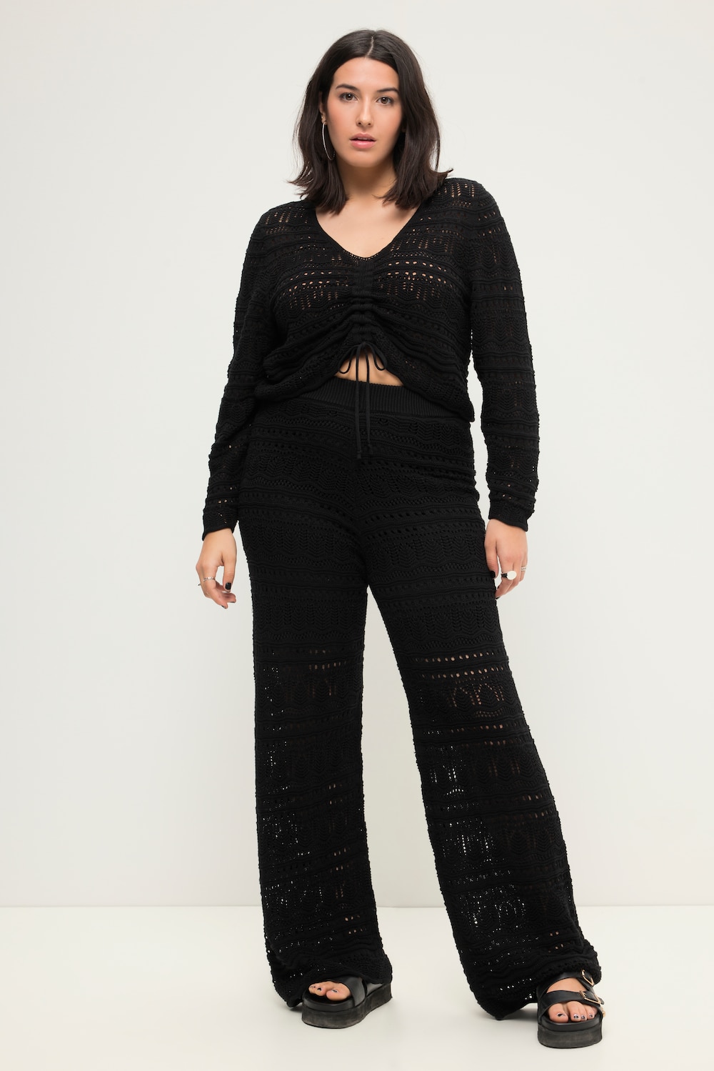Ajour-Strickhose, Wide Legs, Elastikbund, blickdichte Shorts