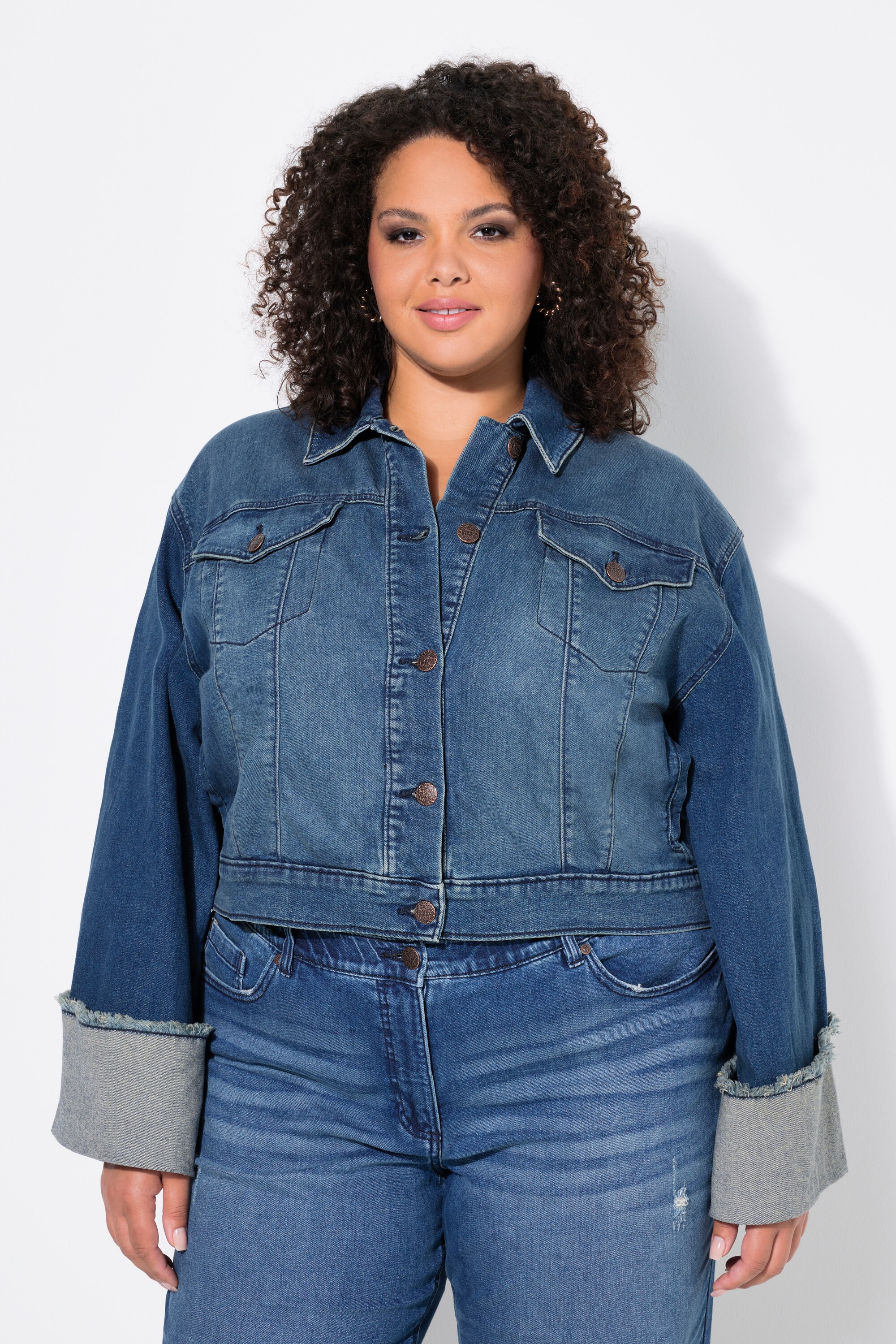 Ulla Popken Damen große Größen Jeansjacke Fransen Hemdkragen