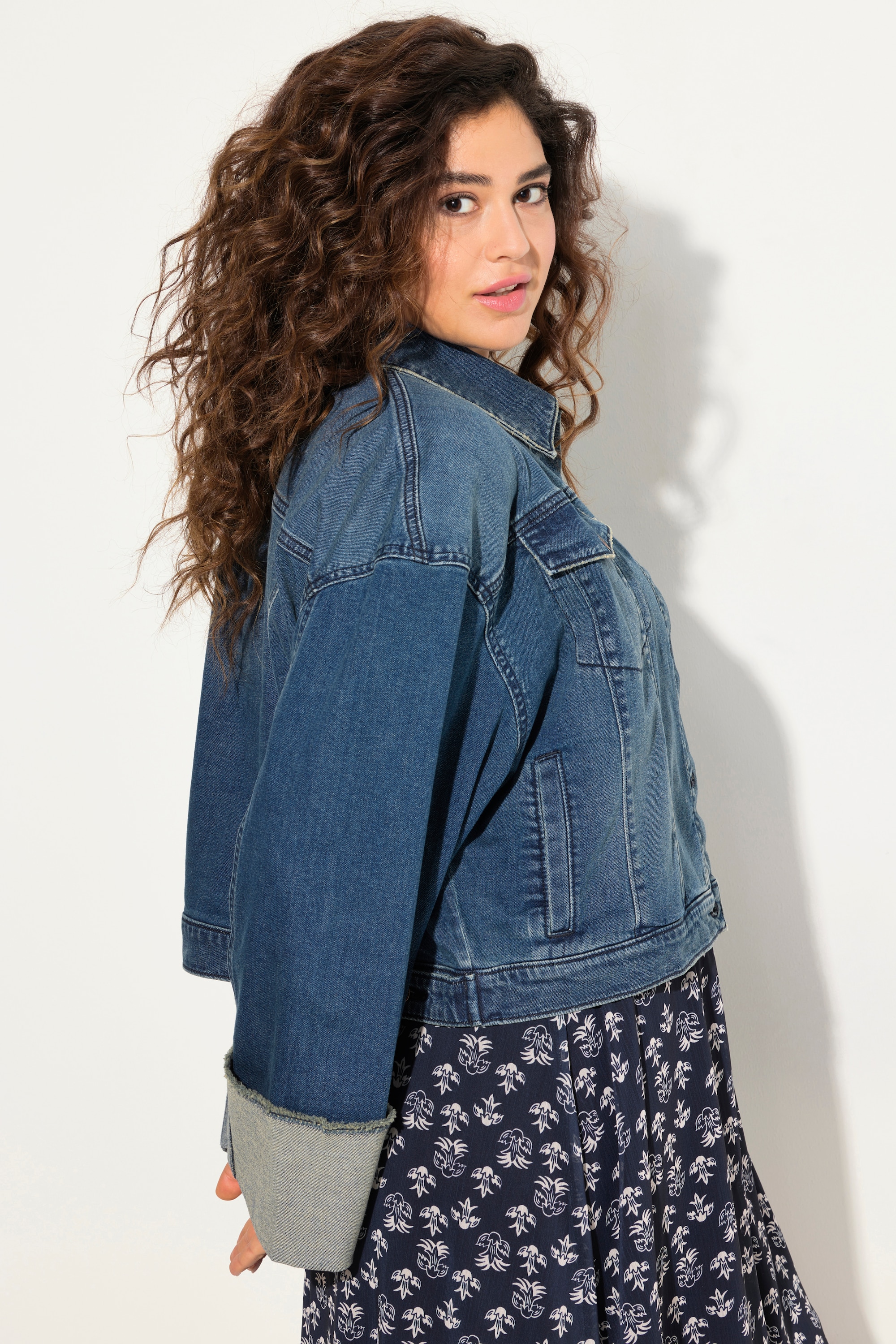 Ulla Popken Damen große Größen Jeansjacke Fransen Hemdkragen