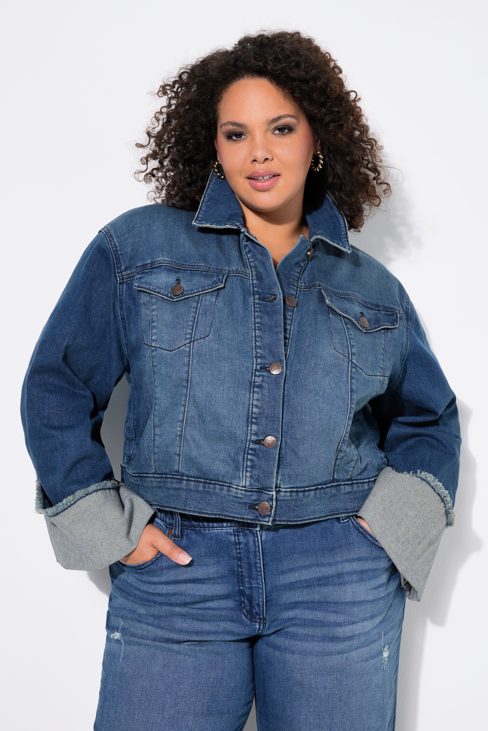 Ulla Popken Damen große Größen Jeansjacke Fransen Hemdkragen