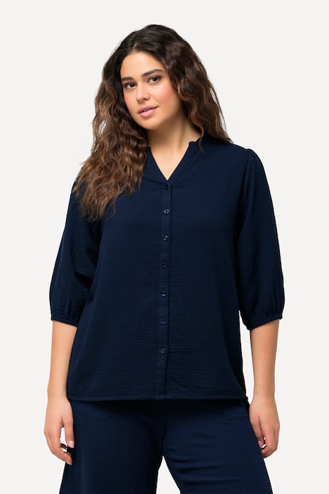 Blusa dal taglio oversize in mussola con scollo a tunica e maniche a 3/4