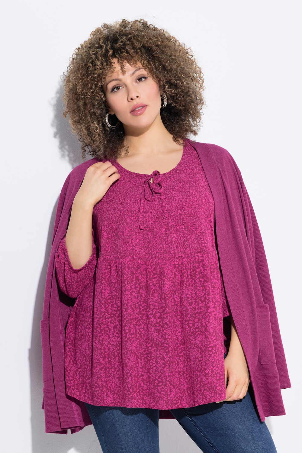 Gerimpelde blouse, stippen, A-lijn, ronde hals, 3/4-mouwen