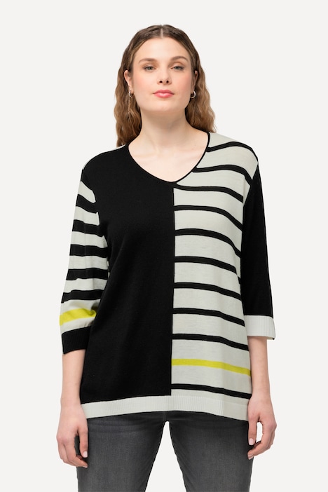 Mixed Stripe 3/4 Sleeve Colorblock Sweater