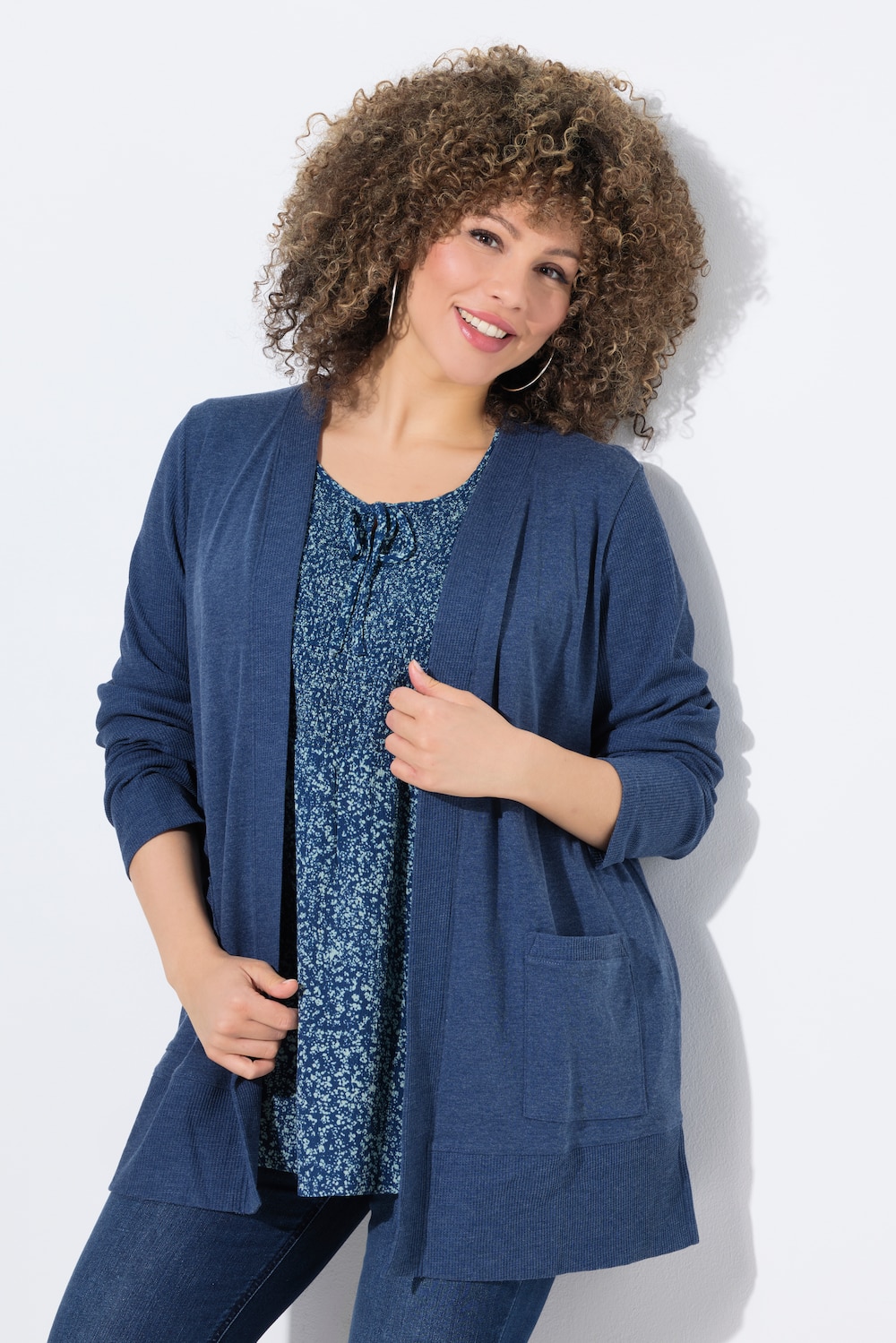 Sweatjacke, Waffelstruktur, offene Form, Langarm
