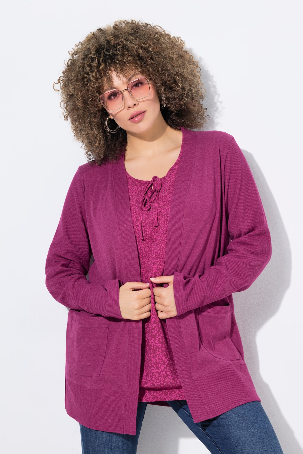 Sweatjacke, Waffelstruktur, offene Form, Langarm
