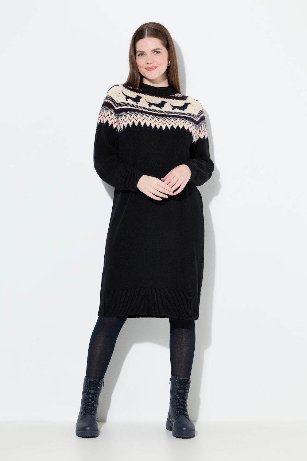 Große Größen Norweger-Strickkleid, Damen, schwarz, Größe: 46/48, Synthetische Fasern/Baumwolle, Ulla Popken