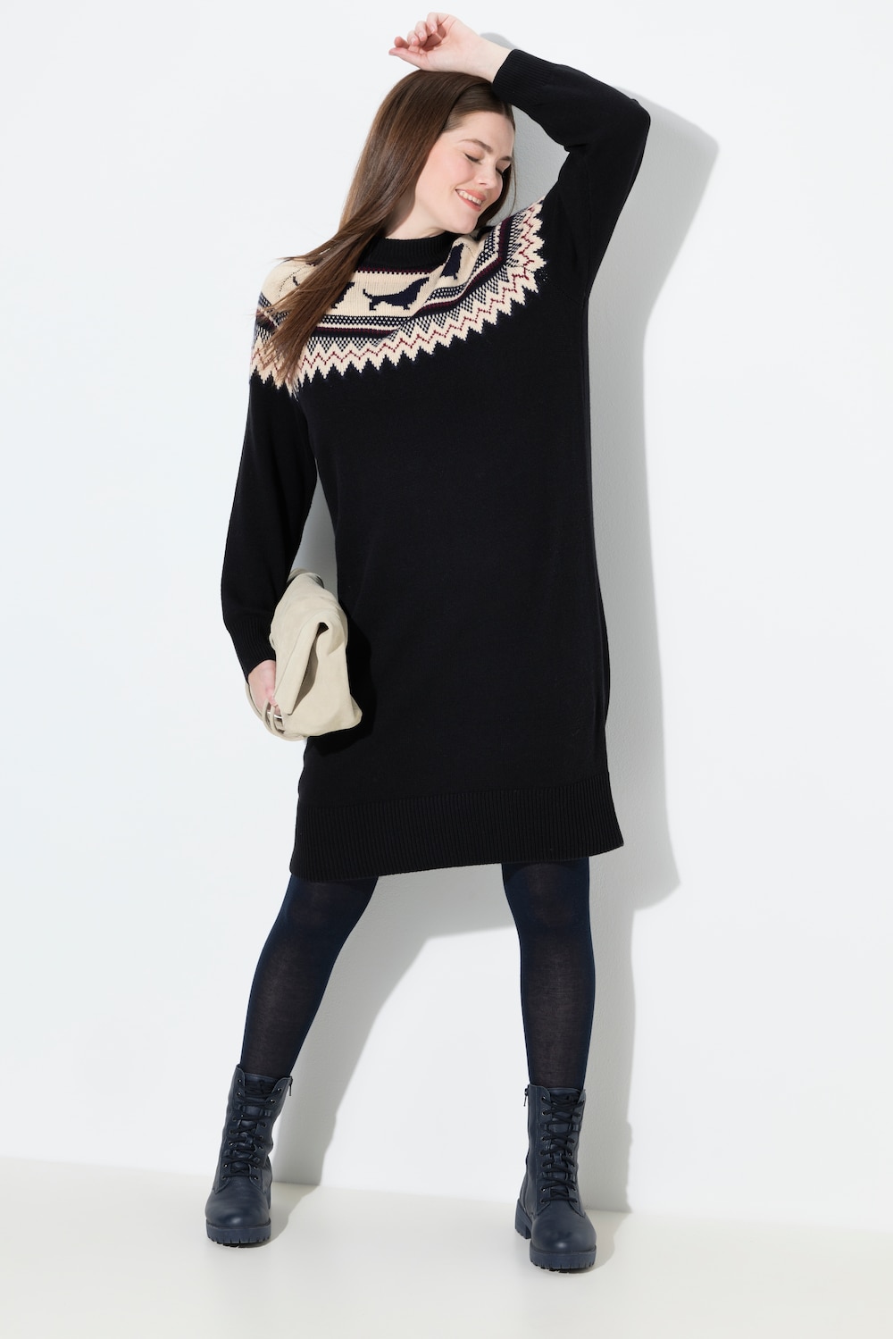 Große Größen Norweger-Strickkleid, Damen, schwarz, Größe: 42/44, Synthetische Fasern/Baumwolle, Ulla Popken