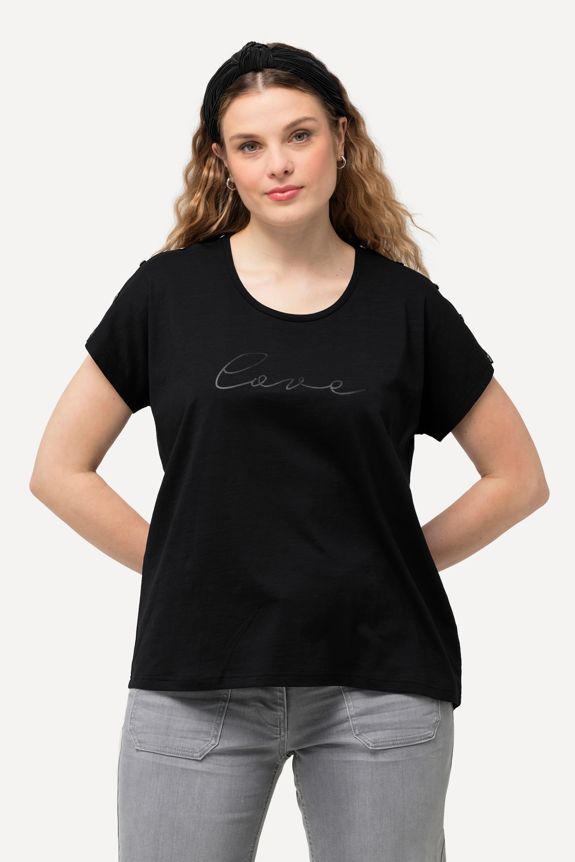 Ulla Popken Damen große Größen T Shirt Love Knöpfe Oversized Rundhals