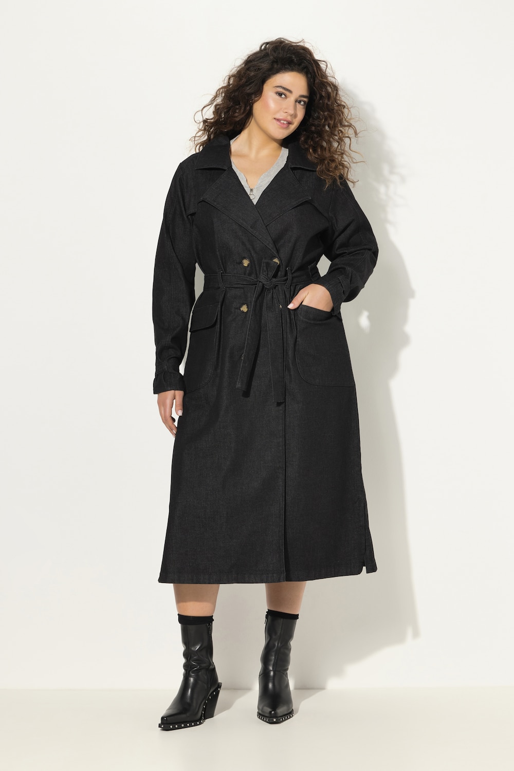 Große Größen Jeans-Trenchcoat, Damen, schwarz, Größe: 46/48, Baumwolle/Viskose, Ulla Popken
