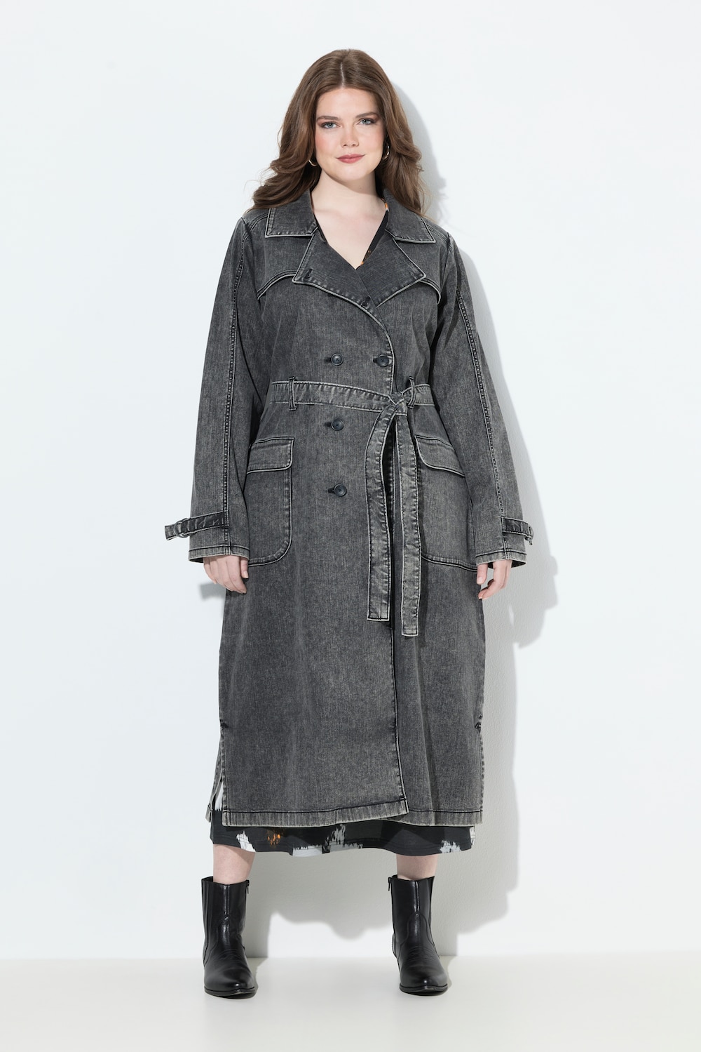 Große Größen Jeans-Trenchcoat, Damen, grau, Größe: 50/52, Baumwolle/Viskose, Ulla Popken