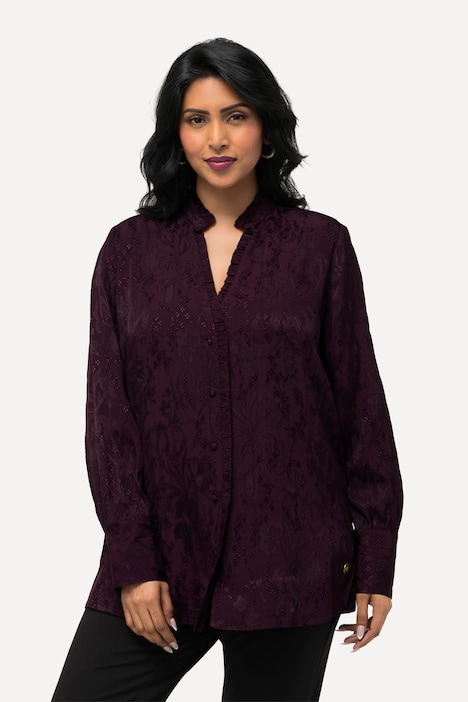 Bluse, Jacquard, Rüschen, V-Ausschnitt, Langarm