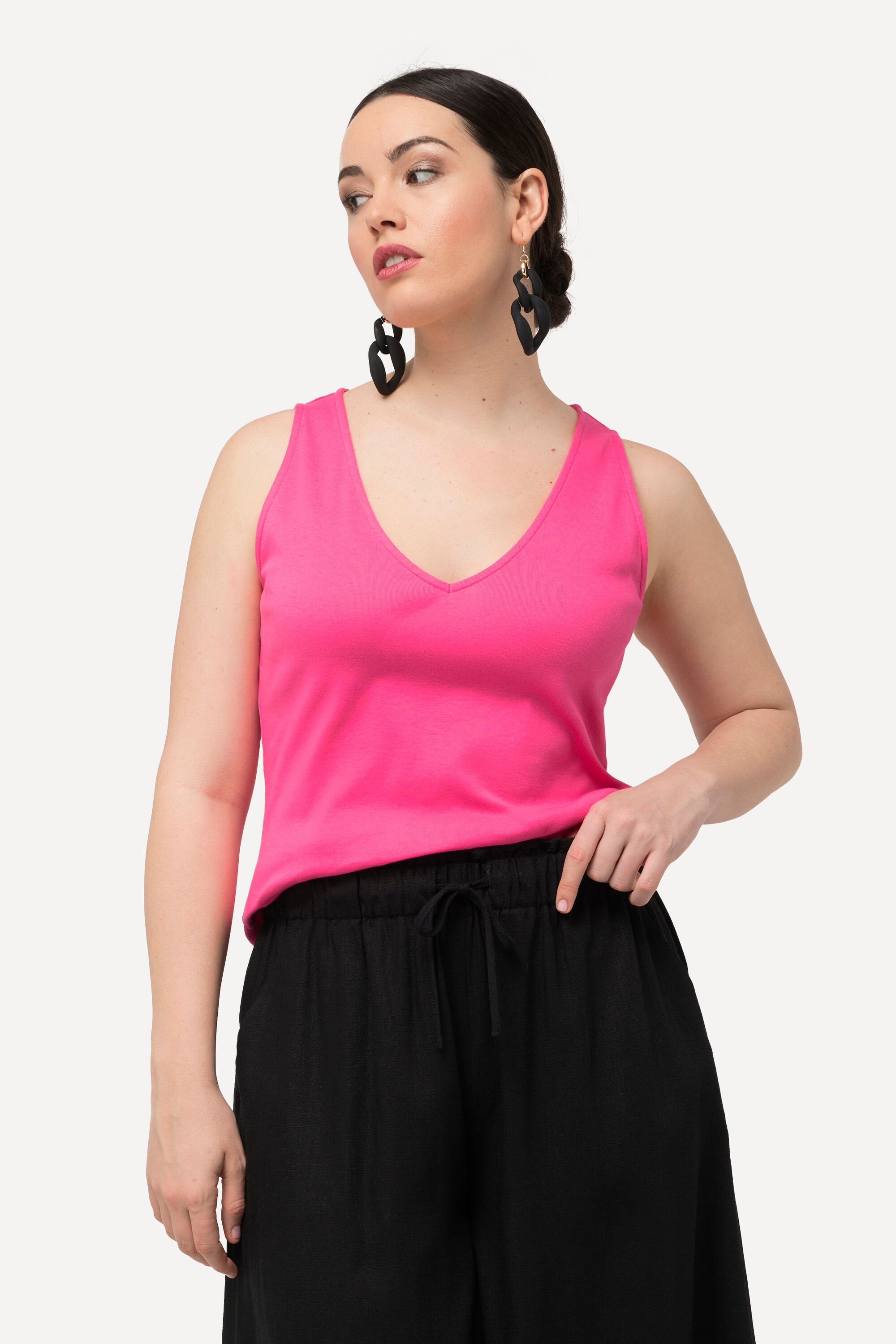 Ulla Popken Damen große Größen Top Rippjersey Slim V Ausschnitt ärmellos 830402