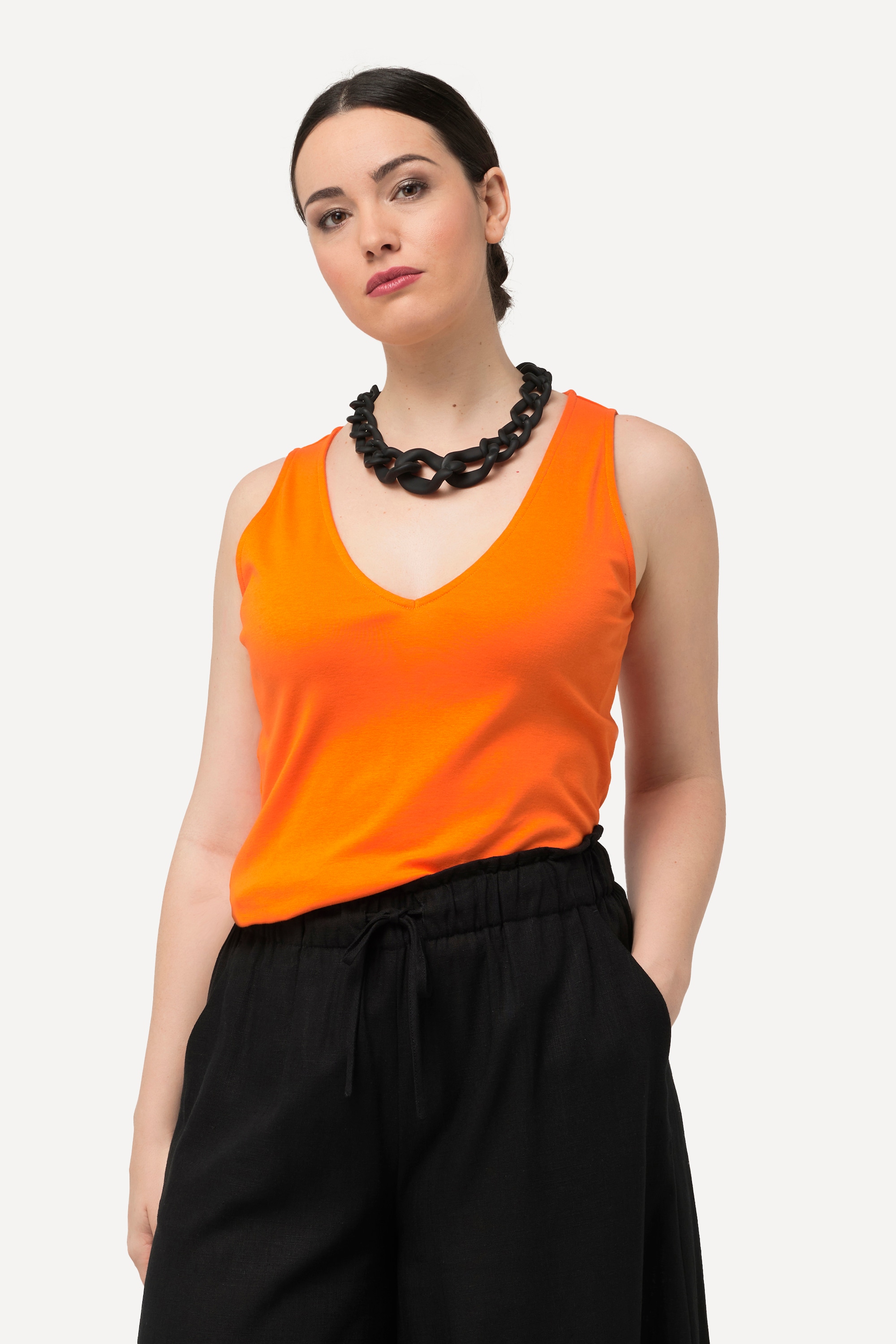 Ulla Popken Damen große Größen Top Rippjersey Slim V Ausschnitt ärmellos 830402