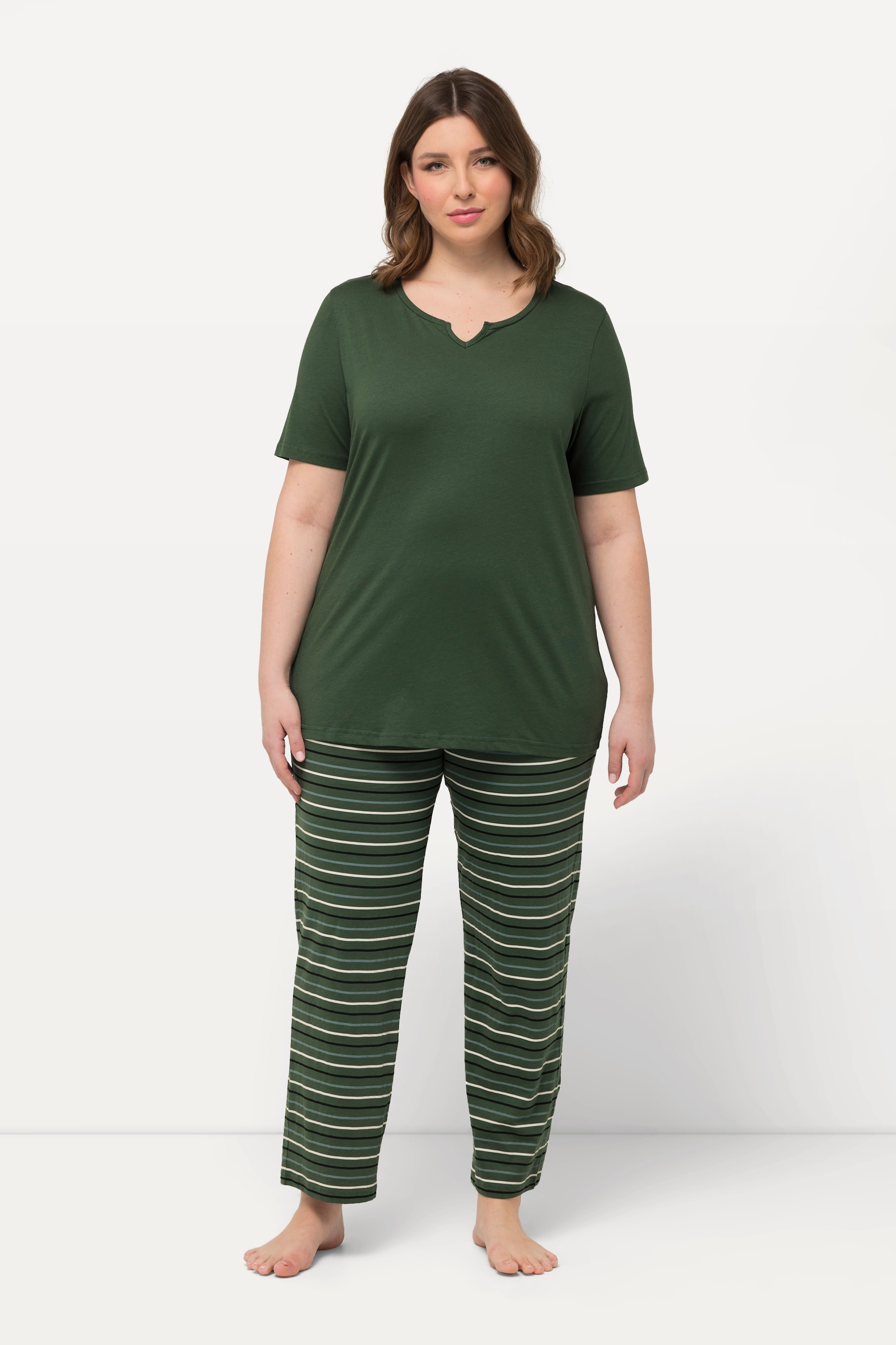 Ulla Popken Damen große Größen Pyjama Ringel Tunika Ausschnitt Halbarm 830405