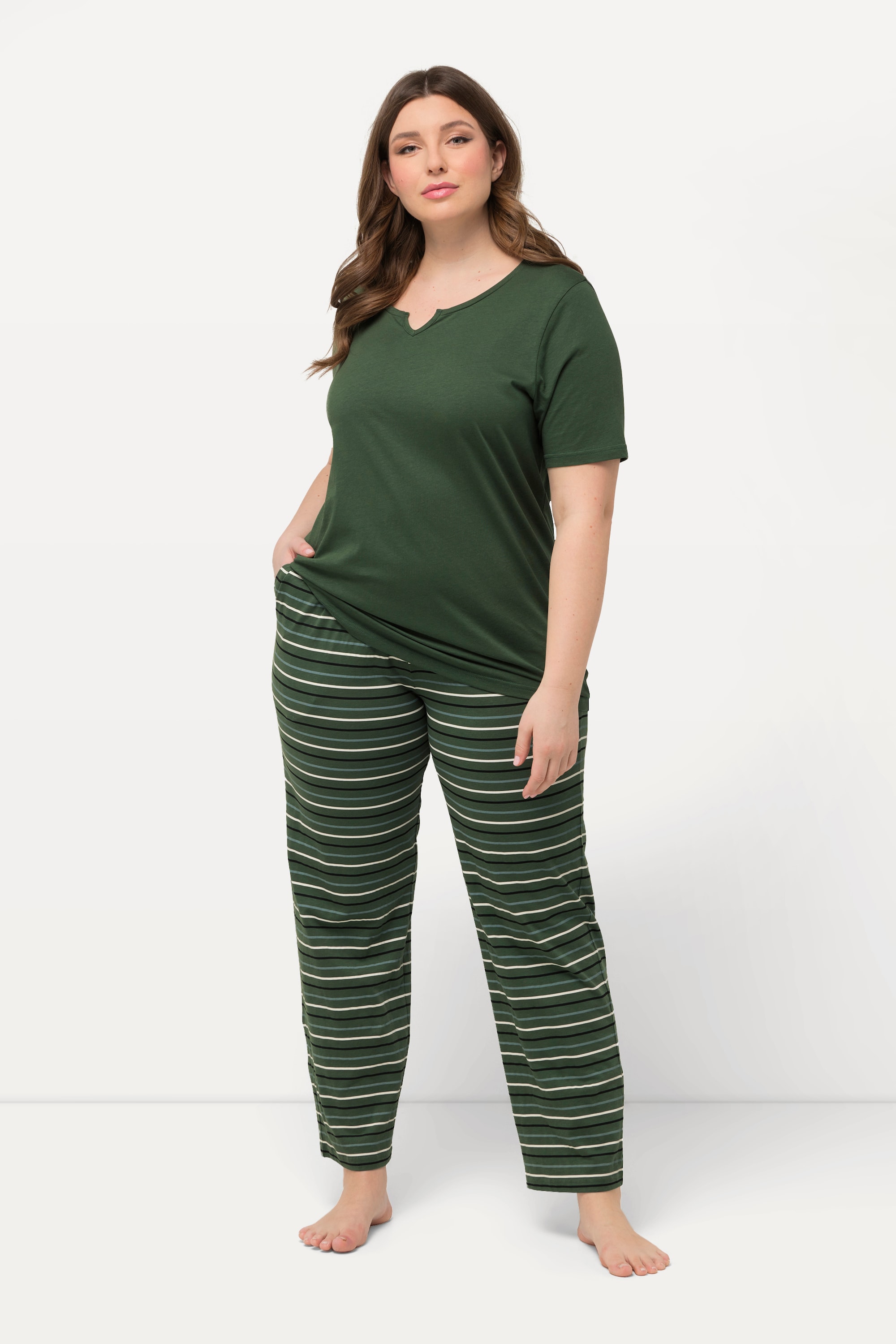 Ulla Popken Damen große Größen Pyjama Ringel Tunika Ausschnitt Halbarm 830405