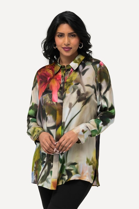 Zijden blouse, rozen, overhemdkraag, lange mouwen