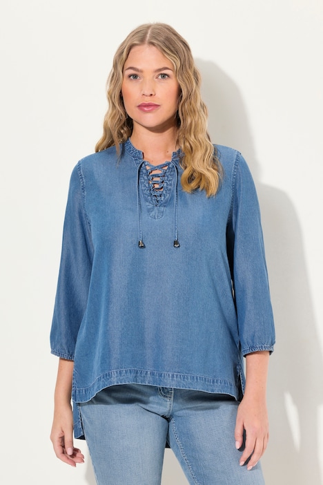 Lace Up 3/4 Sleeve Denim Look Blouse