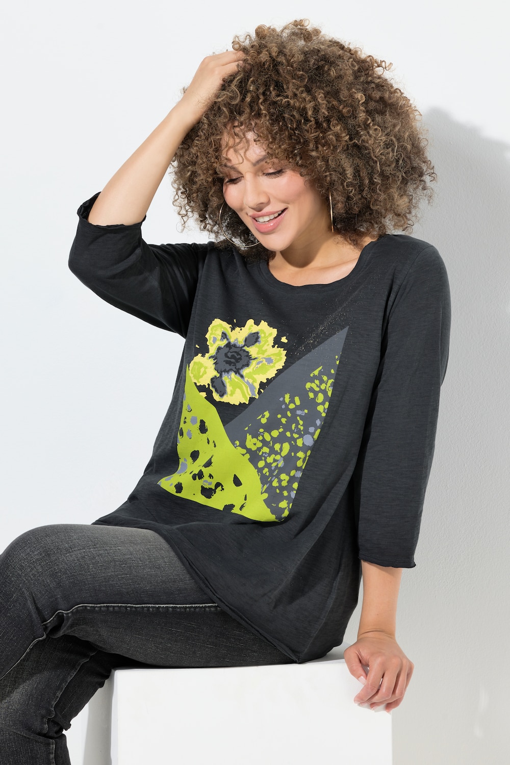 Shirt, Patchdruck, Rundhals, 3/4-Arm, Rollkanten